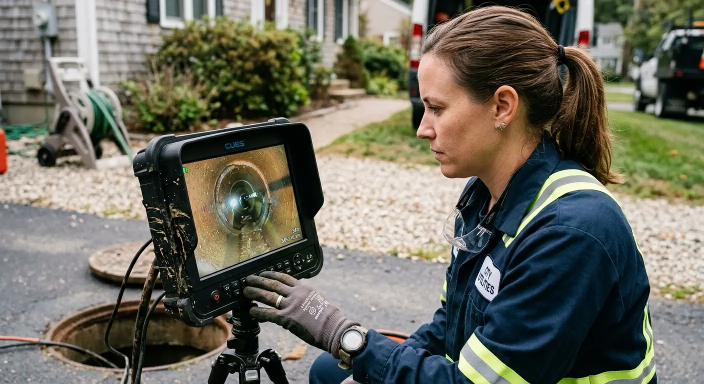 Technician reviewing sewer camera inspection footage in Runnemede