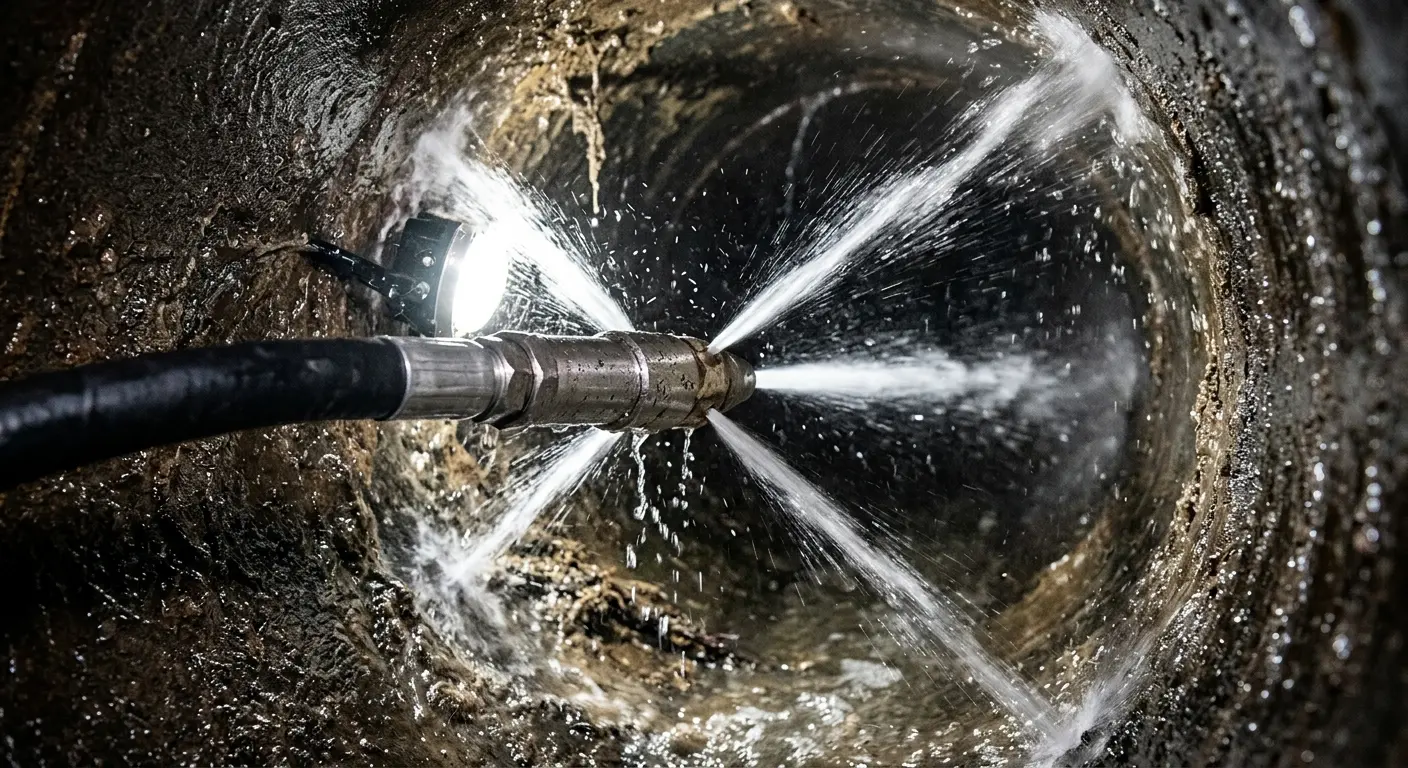 High-pressure hydro jetting nozzle cleaning sewer pipe for Emergency Drain Service in Runnemede