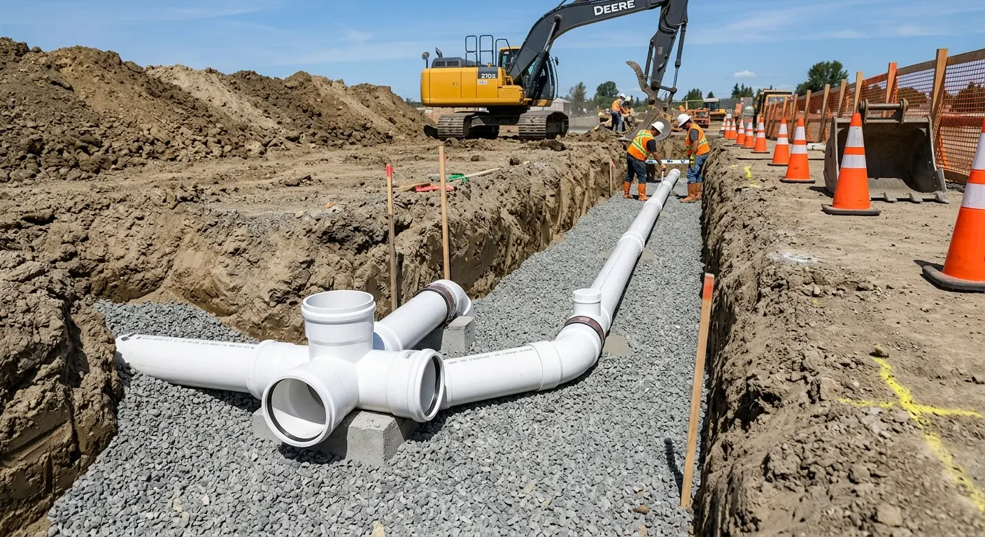New PVC sewer pipe installation in open trench for Grease Trap Cleaning in Runnemede