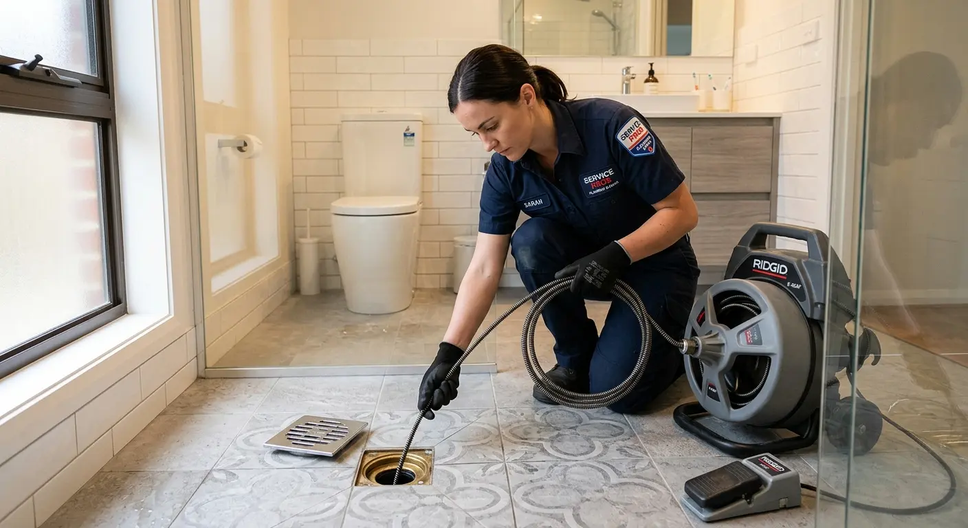 Technician clearing a bathroom floor drain for Drain Repair in Runnemede